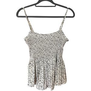 Lush Smocked Pleated Spaghetti Strap Tank Top in White Black Print (M)